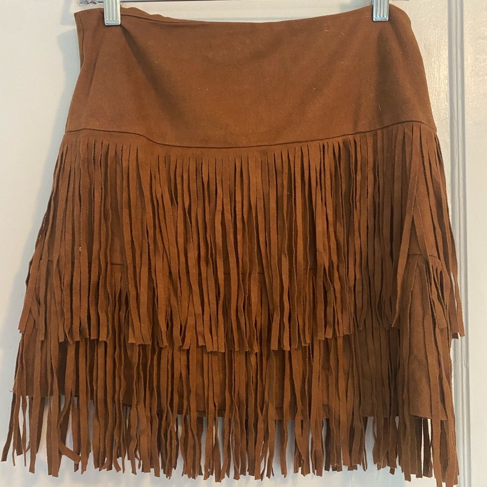 Soft Suede Fringe Tan Skirt, Size S/M